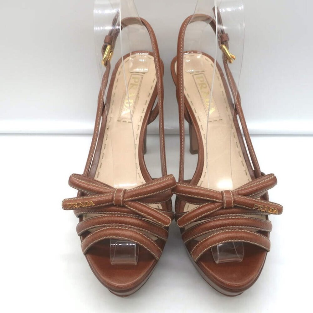 Prada Slingback Bow Sandals Brown Leather Size 37.5 Open Toe Platform Heels - Picture 5 of 16